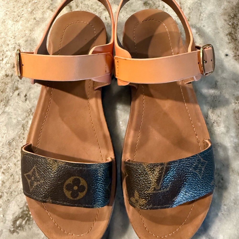 Leather Two-Strap Brown and Tan Women's Sandals